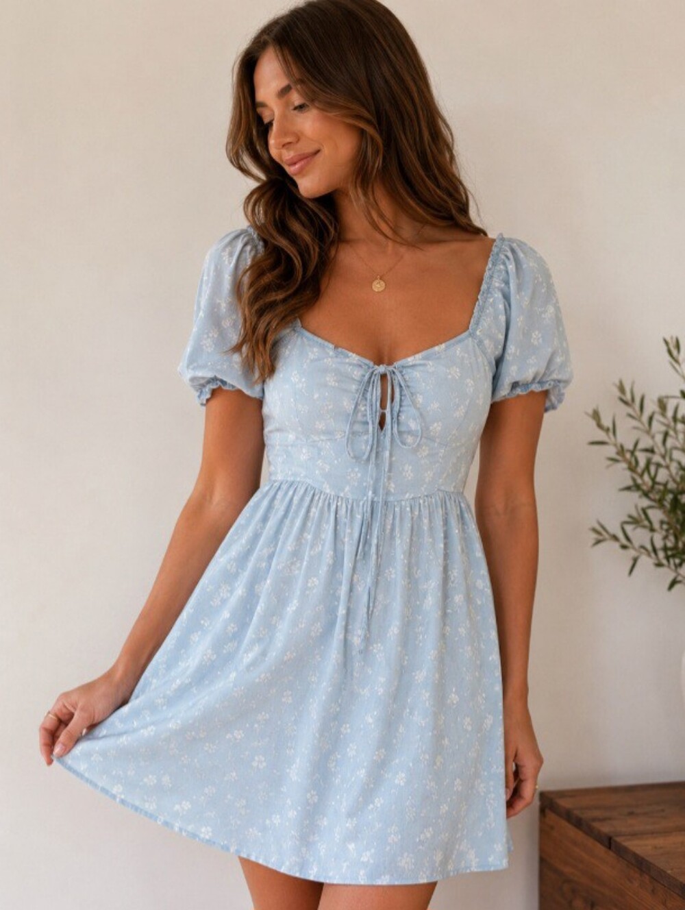 Light Blue Floral Puff Sleeve Mini Dress | Cottagecore Babydoll Dress